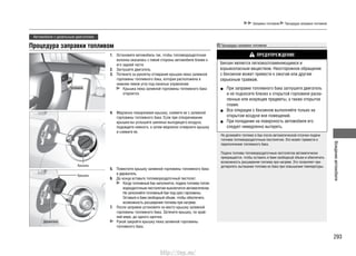 293
Вождениеавтомобиля
Заправка топливом Процедура заправки топливом
Автомобили с дизельным двигателем
Процедура заправки топливом
Остановите автомобиль так, чтобы топливораздаточная1.
колонка оказалась с левой стороны автомобиля ближе к
его задней части.
Заглушите двигатель.2.
Потяните за рукоятку отпирания крышки люка заливной3.
горловины топливного бака, которая расположена в
нижнем левом углу под панелью управления.
Крышка люка заливной горловины топливного бака
откроется.
Медленно поворачивая крышку, снимите ее с заливной4.
горловины топливного бака. Если при отворачивании
крышки вы услышите шипенье выходящего воздуха,
подождите немного, а затем медленно отверните крышку
и снимите ее.
Поместите крышку заливной горловины топливного бака5.
в держатель.
До конца вставьте топливораздаточный пистолет.6.
Когда топливный бак наполнится, подача топлива топли-
вораздаточным пистолетом выключится автоматически.
Не заполняйте топливный бак под срез горловины.
Оставьте в баке свободный объем, чтобы обеспечить
возможность расширения топлива при нагреве.
После заправки установите на место крышку заливной7.
горловины топливного бака. Затяните крышку, по край-
ней мере, до одного щелчка.
Рукой закройте крышку люка заливной горловины
топливного бака.
Держатель
Крышка
Крышка
Потяните
Процедура заправки топливом
ПРЕДУПРЕЖДЕНИЕ
Бензин является легковоспламеняющимся и
взрывоопасным веществом. Неосторожное обращение
с бензином может привести к ожогам или другим
серьезным травмам.
При заправке топливного бака заглушите двигатель•
и не подносите близко к открытой горловине раска-
ленные или искрящие предметы, а также открытое
пламя.
Все операции с бензином выполняйте только на•
открытом воздухе вне помещений.
При попадании на поверхность автомобиля его•
следует немедленно вытереть.
Не доливайте топливо в бак после автоматической отсечки подачи
топлива топливораздаточным пистолетом. Это может привести к
переполнению топливного бака.
Подача топлива топливораздаточным пистолетом автоматически
прекращается, чтобы оставить в баке свободный объем и обеспечить
возможность расширения топлива при нагреве. Это позволяет пре-
дотвратить вытекание топлива из бака при повышении температуры.
http://vnx.su/
 