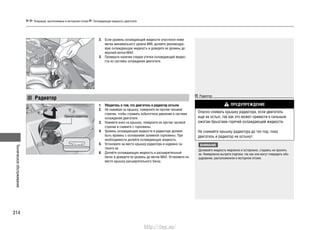 Техническоеобслуживание
314
Операции, выполняемые в моторном отсеке Охлаждающая жидкость двигателя
Радиатор
2. Если уровень охлаждающей жидкости опустился ниже
метки минимального уровня MIN, долейте рекомендуе-
мую охлаждающую жидкость и доведите ее уровень до
верхней метки MAX.
3. Проверьте наличие следов утечки охлаждающей жидко-
сти из системы охлаждения двигателя.
Убедитесь в том, что двигатель и радиатор остыли.1.
Не нажимая на крышку, поверните ее против часовой2.
стрелки, чтобы стравить избыточное давление в системе
охлаждения двигателя.
Нажмите вниз на крышку, поверните ее против часовой3.
стрелки и снимите с горловины.
Уровень охлаждающей жидкости в радиаторе должен4.
быть вровень с основанием заливной горловины. При
необходимости долейте охлаждающую жидкость.
Установите на место крышку радиатора и надежно за-5.
тяните ее.
Долейте охлаждающую жидкость в расширительный6.
бачок и доведите ее уровень до метки MAX. Установите на
место крышку расширительного бачка.
Радиатор
ПРЕДУПРЕЖДЕНИЕ
Опасно снимать крышку радиатора, если двигатель
еще не остыл, так как это может привести к сильным
ожогам брызгами горячей охлаждающей жидкости.
Не снимайте крышку радиатора до тех пор, пока
двигатель и радиатор не остынут.
ВНИМАНИЕ
Доливайте жидкость медленно и осторожно, стараясь не пролить
ее. Немедленно вытрите подтеки, так как они могут повредить обо-
рудование, расположенное в моторном отсеке.
Крышка радиатора
http://vnx.su/
 