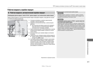 317
Техническоеобслуживание
Операции, выполняемые в моторном отсеке Рабочая жидкость коробки передач
Рабочая жидкость автоматической коробки передач
Рекомендуемая рабочая жидкость: Honda ATF DW-1 (рабочая жидкость для автоматических коробок передач)
Уровень рабочей жидкости в автоматической коробке передач необходимо проверять, когда двигатель прогрет
до нормальной рабочей температуры.
Установите автомобиль на ровную горизонтальную1.
площадку и запустите двигатель.
Дождитесь включения вентилятора, а затем заглушите2.
двигатель.
Для получения достоверных результатов подождите
около 60 секунд (но не более 90 секунд) перед вы-
полнением шага 3 процедуры проверки.
Выньте контрольный щуп (с желтой рукояткой) из картера3.
автоматической коробки передач и протрите его насухо
чистой тканью.
До конца вставьте щуп в коробку передач, как показано4.
на рисунке.
Снова выньте щуп и проверьте уровень рабочей жидкости.5.
Уровень должен находиться между верхней и нижней
метками зоны HOT на щупе.
Если уровень рабочей жидкости находится ниже нижней6.
метки, долейте рабочую жидкость через отверстие для
контрольного щупа, чтобы ее уровень находился между
верхней и нижней метками на щупе. Как можно скорее
доставьте свой автомобиль на сервисную станцию дилера
для проверки его исправности.
Рабочая жидкость автоматической коробки передач
ВНИМАНИЕ
Доливайте жидкость медленно и осторожно, стараясь не пролить
ее. Немедленно вытрите подтеки, так как они могут повредить обо-
рудование, расположенное в моторном отсеке.
ВНИМАНИЕ
Не смешивайте рабочую жидкость ATF DW-1 с другими жидкостями
для автоматических коробок передач.
Применение другой рабочей жидкости, отличной от Honda ATF DW-1,
может привести к серьезному ухудшению работы автоматической ко-
робки передач, значительному сокращению срока ее службы, а также
стать причиной ее неисправности. На неисправности автоматической
коробки передач, возникшие в результате использования рабочей
жидкости, отличной от Honda ATF DW-1, гарантия компании Honda на
новый автомобиль не распространяется.
Рабочая жидкость коробки передач
Метка
миним.
уровня
Метка
максим.
уровня
Зона HOT
Продолжение на следующей странице
http://vnx.su/
 