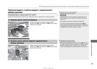 319
Техническоеобслуживание
Операции, выполняемые в моторном отсеке Тормозная жидкость и рабочая жидкость гидравлического привода сцепления
Тормозная жидкость и рабочая жидкость
гидравлического привода сцепления
ВНИМАНИЕ
Тормозная жидкость DOT 5 не подходит для тормозной системы
вашего автомобиля и может вызвать интенсивное разрушение ее
компонентов.
Мы рекомендуем использовать оригинальную продукцию.
Если уровень тормозной жидкости опустился до метки MIN или
ниже, как можно скорее доставьте свой автомобиль на сервисную
станцию дилера для проверки тормозной системы на предмет утечек
и определения степени износа тормозных колодок.
Проверка уровня рабочей жидкости
гидравлического привода сцепления
Если уровень рабочей жидкости опустился до метки MIN или ниже,
как можно скорее доставьте свой автомобиль на сервисную станцию
дилера для проверки системы на предмет утечек и определения
степени износа фрикционных накладок ведомого диска сцепления.
Проверка уровня тормозной жидкости
Проверка уровня рабочей жидкости гидравлического
привода сцепления
Уровень жидкости должен находиться между метками
минимального (MIN) и максимального (MAX) уровня, которые
нанесены на стенке бачка.
Уровень жидкости должен находиться между метками
минимального (MIN) и максимального (MAX) уровня, которые
нанесены на стенке бачка.
Бачок главного тор-
мозного цилиндра
Применяйте указанную рабочую жидкость для тормозной системы и гидравлического привода сцепления.
Рекомендуемая жидкость: тормозная жидкость DOT 3 или DOT 4
Тормозная жидкость и рабочая жидкость гидравлического
привода сцепления
Автомобили с механической коробкой передач
МЕТКА МАКС.
УРОВНЯ
МЕТКА МИН.
УРОВНЯ
Бачок гидравлического
привода сцепления
МЕТКА МАКС.
УРОВНЯ
МЕТКА МИН.
УРОВНЯ
http://vnx.su/
 