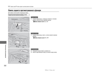 Техническоеобслуживание
332
Замена ламп Лампа заднего противотуманного фонаря
Лампа заднего противотуманного фонаря
Для замены используйте следующую лампу.
Задний противотуманный фонарь: 21 Вт
Левая сторона
1. Снимите фиксаторы с помощью отвертки с плоским
жалом и опустите вниз нижнюю крышку.
Лампы ближнего света Cтр. 324
Правая сторона
Снимите фиксаторы и винт, а затем снимите нижнюю1.
крышку.
Лампы ближнего света Cтр. 324
Нижняя крышка
Нижняя крышка
Винт
Лампа
Патрон
Фиксатор
Фиксатор
Все автомобили
2. Поверните патрон влево и снимите его.
3. Выньте перегоревшую лампу и вставьте новую лампу.
http://vnx.su/
 