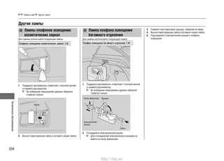 Техническоеобслуживание
334
Замена ламп Другие лампы
Другие лампы
Лампы плафонов освещения
косметических зеркал
Для замены используйте следующие лампы.
Плафоны освещения косметических зеркал: 2 Вт
1. Подденьте рассеиватель отверткой с плоским жалом
и снимите рассеиватель.
Во избежание образования царапин оберните
отвертку тканью.
2. Выньте перегоревшую лампу и вставьте новую лампу.
Лампа плафона освещения
багажного отделения
Для замены используйте следующую лампу.
Плафон освещения багажного отделения: 5 Вт
1. Подденьте рассеиватель отверткой с плоским жалом
и снимите рассеиватель.
Во избежание образования царапин оберните
отвертку тканью.
2. Отсоедините электрический разъем.
Для отсоединения электрического разъема на-
жмите на лапку фиксатора.
3. Снимите пластмассовую крышку, повернув ее вверх.
4. Выньте перегоревшую лампу и вставьте новую лампу.
5. Подсоедините электрический разъем к плафону
освещения.
Лампа
Лампа
Лапка фиксатора
Электрический
разъем
Крышка
http://vnx.su/
 