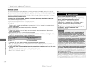 Техническоеобслуживание
344
Проверка состояния и уход за шинами Зимние шины
Зимние шины
Для движения по заснеженным или обледенелым дорогам установите на автомобиль зимние шины или цепи
противоскольжения. Уменьшите скорость движения и увеличьте дистанцию до автомобиля, движущегося впереди.
Во избежание заноса автомобиля проявляйте особую осторожность при управлении автомобилем с использо-
ванием рулевого колеса и педали тормоза.
Используйте цепи противоскольжения, зимние или всесезонные шины по мере необходимости и в соответ-
ствии с действующим законодательством.
Во время установки обратите внимание на следующие аспекты.
Зимние шины:
Выберите шины, имеющие размер и индекс грузоподъемности такие же, как и шины, изначально установ-•
ленные на автомобиль.
Используйте зимние шины на всех четырех колесах автомобиля.•
Цепи противоскольжения:
Перед тем как приобрести комплект цепей противоскольжения, проконсультируйтесь у официального•
дилера компании Honda.
Устанавливайте цепи только на передние колеса автомобиля.•
Ввиду ограниченного зазора между шинами и кузовом автомобиля мы настоятельно рекомендуем исполь-•
зовать цепи противоскольжения, которые приведены ниже:
Размер шин*1
Тип цепей противоскольжения
225/45R17 91 W Не используются
205/55R16 91 V*2
RUD-matic classic 48484
*1
: Типоразмер шин указан также в табличке, расположенной в проеме двери водителя.
*2
: Если вам необходимо использовать цепи противоскольжения, но цепей для оригинальных шин нет в на-
личии, то замените шины.
При установке цепей противоскольжения следуйте инструкциям их изготовителя. Натяните цепи, как можно•
сильнее.
Убедитесь, что цепи не касаются тормозных колодок и деталей подвески.•
Двигайтесь на небольшой скорости.•
Зимние шины
ПРЕДУПРЕЖДЕНИЕ
Использование ненадлежащих цепей
противоскольжения или ненадлежащая их установка
может привести к повреждению тормозных
трубопроводов и стать причиной дорожно-
транспортного происшествия, в котором вы можете
получить тяжелые травмы или даже погибнуть.
Следуйте всем инструкциям настоящего руководства,
касающимся выбора и применения цепей
противоскольжения.
ВНИМАНИЕ
Использование неподходящих устройств противоскольжения или
неправильная установка их может стать причиной повреждения
тормозных трубопроводов, деталей подвески, кузова и колес. Не-
медленно остановите автомобиль в случае ударного взаимодействия
цепей противоскольжения и деталей автомобиля.
Если разрешенная максимальная скорость превышает максимальную
скорость, установленную для зимних шин, то согласно правилам ЕЕС
при установке зимних шин на автомобиль необходимо прикрепить
наклейку с напоминанием об ограничении скорости, которая должна
находиться в поле зрения водителя. Наклейку можно получить у
дилера шинной компании. При возникновении каких-либо вопросов
обратитесь к дилеру.
В случае установки цепей противоскольжения следуйте инструкциям их
изготовителя, касающимся ограничений использования автомобиля.
Используйте цепи противоскольжения только в экстренных
ситуациях, или когда их требуется установить согласно правилам,
действующим в данном регионе.
Во время движения по льду или снегу с установленными цепями про-
тивоскольжения проявляйте повышенное внимание и осторожность.
Следует иметь в виду, что автомобиль с цепями противоскольжения
может обладать худшей управляемостью по сравнению автомобилем
на хороших зимних шинах без цепей.
http://vnx.su/
 