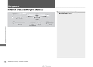 Устранениенеисправностейвпути
358
Инструменты
Инструмент, которым комплектуется автомобиль
Инструмент, которым комплектуется автомобиль
Установка домкрата Стр. 363
Колесный ключ/
рукоятка домкрата
Удлинитель Отвертка
с плоским жалом
Рукоятка Воронка*
Домкрат
* Для некоторых вариантов исполнения автомобиля
http://vnx.su/
 