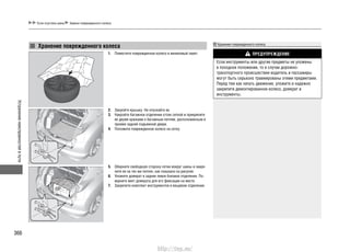 Устранениенеисправностейвпути
366
Если спустила шина Замена поврежденного колеса
Хранение поврежденного колеса
Поместите поврежденное колесо в виниловый пакет.1.
Закройте крышку. Не опускайте ее.2.
Накройте багажное отделение отсек сеткой и прикрепите3.
ее двумя крюками к багажным петлям, расположенным в
проеме задней подъемной двери.
Положите поврежденное колесо на сетку.4.
Оберните свободную сторону сетки вокруг шины и закре-5.
пите ее на тех же петлях, как показано на рисунке.
Уложите домкрат в заднее левое боковое отделение. По-6.
верните винт домкрата для его фиксации на месте.
Закрепите комплект инструментов в вещевом отделении.7.
Хранение поврежденного колеса
ПРЕДУПРЕЖДЕНИЕ
Если инструменты или другие предметы не уложены
в походное положение, то в случае дорожно-
транспортного происшествия водитель и пассажиры
могут быть серьезно травмированы этими предметами.
Перед тем как начать движение, уложите и надежно
закрепите демонтированное колесо, домкрат и
инструменты.
http://vnx.su/
 