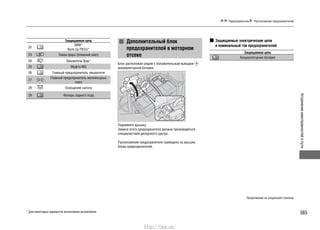 385
Устранениенеисправностейвпути
Предохранители Расположение предохранителей
Защищаемая цепь
22
DBW*
Back Up FIECU*
23 Левая фара (ближний свет)
24 Омыватель фар*
25 Муфта MG
26 Главный предохранитель омывателя
27
Главный предохранитель маломощных
ламп
28 Освещение салона
29 Фонарь заднего хода
Дополнительный блок
предохранителей в моторном
отсеке
Блок расположен рядом с положительным выводом
аккумуляторной батареи.
Поднимите крышку.
Замена этого предохранителя должна производиться
специалистами дилерского центра.
Расположение предохранителя приведено на крышке
блока предохранителей.
Защищаемые электрические цепи
и номинальный ток предохранителей
Защищаемая цепь
Аккумуляторная батарея
* Для некоторых вариантов исполнения автомобиля
Продолжение на следующей странице
http://vnx.su/
 