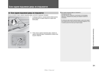 391
Устранениенеисправностейвпути
Если задняя подъемная дверь не открывается
Если задняя подъемная дверь не открывается
Если вы не можете открыть заднюю подъемную дверь, выполните следующую процедуру.
С помощью отвертки с плоским жалом снимите крышку,1.
расположенную на задней поверхности задней подъ-
емной двери.
Чтобы открыть заднюю подъемную дверь, нажмите на2.
заднюю подъемную дверь и одновременно нажмите вниз
на рычаг отверткой.
Крышка
Рычаг
Если задняя подъемная дверь не открывается
Последующие действия
Если вам пришлось прибегнуть к выполнению этой процедуры,
обратитесь к официальному дилеру для проверки исправности
автомобиля.
Во избежание удара задней подъемной двери о какой-либо предмет
или человека при ее открытии изнутри автомобиля убедитесь в том,
что имеется достаточно места для открытия двери.
http://vnx.su/
 