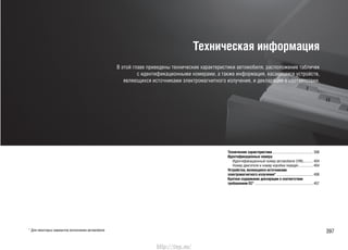 397
Техническая информация
В этой главе приведены технические характеристики автомобиля, расположение табличек
с идентификационными номерами, а также информация, касающаяся устройств,
являющихся источниками электромагнитного излучения, и декларация о соответствии.
Технические характеристики..............................................398
Идентификационные номера
Идентификационный номер автомобиля (VIN)...........404
Номер двигателя и номер коробки передач................404
Устройства, являющиеся источниками
электромагнитного излучения*......................................... 406
Краткое содержание декларации о соответствии
требованиям EC* .................................................................407
* Для некоторых вариантов исполнения автомобиля
http://vnx.su/
 