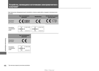 Техническаяинформация
406
Устройства, являющиеся источниками электромагнитного
излучения*
Ниже перечислено оборудование вашего автомобиля, которое во время работы генерирует электромагнитное
излучение.
Пульт дистанционного
управления*
Иммобилайзер
Система доступа в автомо-
биль без ключа*
Автомобили
для России
Автомобили,
поставляемые
в ЮАР
Пульт дистанционного
управления*
Автомобили
для России
Автомобили,
поставляемые
в ЮАР
* Для некоторых вариантов исполнения автомобиля
http://vnx.su/
 