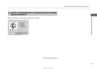 51
Средстваобеспечениябезопасности
Подушки безопасности Боковые подушки безопасности
Таблички с предупреждением о потенциальной опасности боковой
подушки безопасности
Таблички расположены в проемах передних дверей вашего автомобиля.
Продолжение на следующей странице
Неукоснительно
выполняйте
все инструкции
руководства
по эксплуатации.
Боковая подушка безопасности
Знак предупреждения о потенци-
альной опасности
http://vnx.su/
 