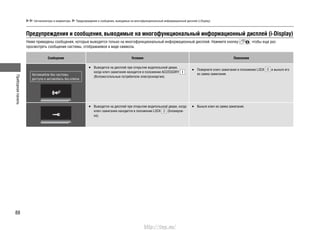 Приборнаяпанель
88
Сигнализаторы и индикаторы Предупреждения и сообщения, выводимые на многофункциональный информационный дисплей (i-Display)
Предупреждения и сообщения, выводимые на многофункциональный информационный дисплей (i-Display)
Ниже приведены сообщения, которые выводятся только на многофункциональный информационный дисплей. Нажмите кнопку , чтобы еще раз
просмотреть сообщение системы, отображаемое в виде символа.
Сообщение Условия Пояснения
Автомоибли без системы
доступа в автомобиль без ключа
Выводится на дисплей при открытии водительской двери,•
когда ключ зажигания находится в положении ACCESSORY
(Вспомогательные потребители электроэнергии).
Поверните ключ зажигания в положение LOCK• и выньте его
из замка зажигания.
Выводится на дисплей при открытии водительской• двери, когда
ключ зажигания находится в положении LOCK (Блокиров-
ка).
Выньте ключ из замка зажигания.•
http://vnx.su/
 