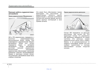 Характеристики автомобиля
2124
Принцип работы аудиосистемы
автомобиля
AM и FM радиосигналы передаются с
высотных радиопередатчиков,
расположенных вокруг города. Они
улавливаются радиоантенной Вашего
автомобиля. Затем этот сигнал
передается радио в динамики
автомобиля. Когда автомобиля
достигает сильный радиосигнал
высокоточная конструкция
аудиосистемы обеспечивает наилучшее
возможное качество воспроизведения.
Однако в некоторых случаях сигнал,
поступающий к автомобилю может быть
слабым и нечетким.
Это может быть обусловлено такими
факторами, как расстояние до
радиостанции, близость других
радиостанций с сильным источником
сигнала или наличие зданий, мостов и
других крупных конструкций в зоне
приема сигнала.
Сигнал AM передается на большее
расстояние, чем сигнал FM. Это
происходит потому, что радиоволны
AM диапазона передаются на низких
частотах. Эти длинные, низкие
радиочастотные волны могут огибать
Землю, а не распространяться по
прямой в атмосфере. Кроме того они
огибают препятствия и поэтому
обеспечивают лучшее покрытие
сигнала.
JBM001
Прием радиосигналов FM-диапазона
JBM002
Прием радиосигналов диапазона
vnx.su
 