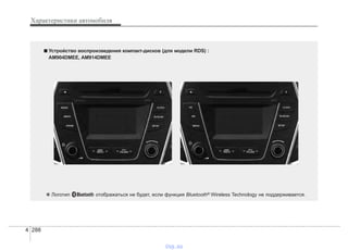 Характеристики автомобиля
2884
■■ Устройство воспроизведения компакт-дисков (для модели RDS) :
AM904DMEE, AM914DMEE
❋ Логотип отображаться не будет, если функция Bluetooth® Wireless Technology не поддерживается.
vnx.su
 