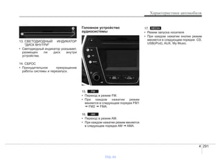 4 291
Характеристики автомобиля
13. СВЕТОДИОДНЫЙ ИНДИКАТОР
"ДИСК ВНУТРИ"
• Светодиодный индикатор указывает,
размещен ли диск внутри
устройства.
14. СБРОС
• Принудительное прекращение
работы системы и перезапуск.
Головное устройство
аудиосистемы
15.
• Переход в режим FM.
• При каждом нажатии режим
меняется в следующем порядке FM1
➟ FM2 ➟ FMA.
16.
• Переход в режим AM.
• При каждом нажатии режим меняется
в следующем порядке AM ➟ AMA.
17.
• Режим запуска носителя
• При каждом нажатии кнопки режим
меняется в следующем порядке: CD,
USB(iPod), AUX, My Music.
MEDIA
AM
FM
vnx.su
 