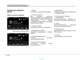 Характеристики автомобиля
3124
РЕЖИМ MP3 КОМПАКТ-
ДИСКА
Экран основного режима
<Для моделей с функцией RDS>
1. Режим
Отображает текущий режим работы.
2. Состояние работы
Для режимов повторное
воспроизведение / воспроизведение в
произвольном порядке (перетасовка)/
сканирование, на экране
отображается выбранная в настоящее
время функция работы
3. Указатель файла
Отображает текущий номер файла
4. Информация о файле
Отображает информацию о текущем
файле
5. Воспроизведение/пауза
Изменяет состояние
воспроизведения/паузы
6. Время воспроизведения
Отображает текущее время
воспроизведения
7. Информация
Отображает подробную информацию
о текущем файле
8. В произвольном порядке
(перетасовка)
Включает/выключает функцию "В
произвольном порядке (перетасовка)"
9. Повтор
Включает/выключает функцию
"Повторное воспроизведение"
10. Копирование
Копирование текущего файла в папку
"Моя музыка".
11. Список
Перемещение по экрану списка.
vnx.su
 