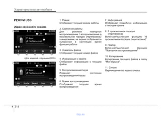 Характеристики автомобиля
3184
РЕЖИМ USB
Экран основного режима
<Для моделей с функцией RDS>
1. Режим
Отображает текущий режим работы
2. Состояние работы
Для режимов повторное
воспроизведение / воспроизведение в
произвольном порядке (перетасовка)/
сканирование, на экране отображается
выбранная в настоящее время
функция работы
3. Указатель файла
Отображает текущий номер файла
4. Информация о файле
Отображает информацию о текущем
файле
5. Воспроизведение/пауза
Изменяет состояние
воспроизведения/паузы
6. Время воспроизведения
Отображает текущее время
воспроизведения
7. Информация
Отображает подробную информацию
о текущем файле
8. В произвольном порядке
(перетасовка)
Включает/выключает функцию "В
произвольном порядке (перетасовка)"
9. Повтор
Включает/выключает функцию
"Повторное воспроизведение"
10. Копирование
Копирование текущего файла в папку
"Моя музыка".
11. Список
Перемещение по экрану списка.
vnx.su
 