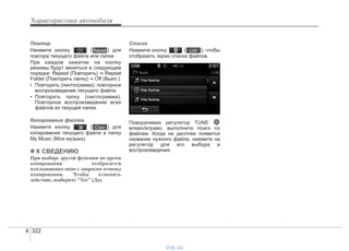 Характеристики автомобиля
3224
Повтор
Нажмите кнопку ( ) для
повтора текущего файла или папки.
При каждом нажатии на кнопку
режимы будут меняться в следующем
порядке: Repeat (Повторить) ➟ Repeat
Folder (Повторить папку) ➟ Off (Выкл.).
• Повторить (пиктограмма): повторное
воспроизведение текущего файла.
• Повторить папку (пиктограмма):
Повторное воспроизведение всех
файлов из текущей папки.
Копирование файлов
Нажмите кнопку ( ) для
копирования текущего файла в папку
My Music (Моя музыка).
✽✽ К СВЕДЕНИЮ
При выборе другой функции во время
копирования отобразится
всплывающее окно с запросом отмены
копирования. Чтобы отменить
действие, выберите "Yes" (Да).
Список
Нажмите кнопку ( ), чтобы
отобразить экран списка файлов.
Поворачивая регулятор TUNE
влево/вправо, выполните поиск по
файлам. Когда на дисплее появится
название нужного файла, нажмите на
регулятор для его выбора и
воспроизведения.
List
Copy
Repeat
vnx.su
 