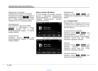 Характеристики автомобиля
3324
Перемотка / быстрое
перемещение вперед по файлам
Во время воспроизведения нажмите и
удерживайте кнопку (более
0,8 с), чтобы перемотать или быстро
переместиться по текущему файлу.
Сканирование
(для моделей с функцией RDS)
Нажмите и удерживайте кнопку
(более 0,8 с) для
воспроизведения первых 10 секунд
каждого файла.
Сканирование
Нажмите кнопку для
воспроизведения первых 10 секунд
каждого файла.
Меню режима My Music
В этом режиме вы можете получить
доступ к функциям информации,
воспроизведения в произвольном
порядке (перетасовке), повтора,
удаления и списка.
<Для моделей с функцией RDS>
Информация
Нажмите кнопку ( ) для
отображения информации о текущем
файле.
✽✽ К СВЕДЕНИЮ
Информация о названии, исполнителе
и альбоме будет отображаться только
в том случае, если она записана в теге
ID3 МР3 файла.
В произвольном порядке
Нажмите кнопку ( ) для
воспроизведения файлов в
произвольном порядке (перетасовка).
Нажмите кнопку еще раз, чтобы
выключить функцию повтора.
Повтор
Нажмите кнопку ( ) для
повтора текущей композиции.
Нажмите кнопку еще раз, чтобы
выключить функцию повтора.
Удаление файлов
Нажмите кнопку ( ) для
удаления текущей дорожки.
Delete
Repeat
Shuffle
Info
SCAN
TA/SCAN
SEEK
TRACK
vnx.su
 