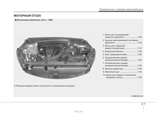 2 7
Знакомство с вашим автомобилем
МОТОРНЫЙ ОТСЕК
1. Бачок для охлаждающей
жидкости двигателя ........................7-48
2. Крышка маслозаливной горловины
двигателя.........................................7-45
3. Бачок для тормозной
жидкости/сцепления .......................7-51
4. Воздушный фильтр.........................7-58
5. Блок предохранителей ...................7-85
6. Отрицательная клемма
аккумуляторной батареи ................7-65
7. Положительная клемма
аккумуляторной батареи ................7-65
8. Крышка радиатора..........................7-49
9. Масляный щуп ................................7-44
10. Бачок для жидкости омывателя
ветрового стекла...........................7-55
ODMEMC2001
■■ Бензиновый двигатель (2,4 L - GDI)
❈ Реальная форма может отличаться от показанной на рисунке.
vnx.su
 