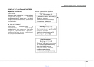 4 89
Характеристики автомобиля
Краткое описание
Описание
Маршрутный компьютер - управляемая
микрокомпьютером система
информирования водителя, которой
отображается связанная с движением
информация.
✽✽ К СВЕДЕНИЮ
Некоторая сохраненная в
маршрутном компьютере
информация для водителя (средняя
скорость транспортного средства,
например) стирается при отключении
аккумуляторной батареи.
Режим суточного пробега
МАРШРУТНЫЙ КОМПЬЮТЕР
• Счетчик суточного пробега [A]
• Средняя скорость
транспортного средства [A]
• Прошедшее время [A]
TRIP A (поездка А):
• Счетчик суточного пробега [B]
• Средняя скорость
транспортного средства [B]
• Прошедшее время [B]
TRIP B (поездка В):
• Distance To Empty (расстояние
до израсходования топлива)
• Average Fuel Economy
(средний расход топлива)
• Instant Fuel Economy
(мгновеный расход топлива)
FUEL ECONOMY
(расход топлива)
vnx.su
 
