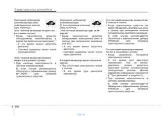 Характеристики автомобиля
1064
Световой индикатор
иммобилайзера (без
электронного ключа)
(при наличии)
Этот световой индикатор загорается в
следующих случаях:
• Когда транспортное средство
обнаруживает иммобилайзер в
ключе при включенном зажигании.
- В это время можно запустить
двигатель.
- Световой индикатор гаснет после
пуска двигателя.
Этот световой индикатор начинает
мигать в следующих случаях:
• При наличии неисправности в
системе иммобилайзера.
В этом случае рекомендуется
обратиться к официальному дилеру
HYUNDAI для проверки
транспортного средства.
Световой индикатор
иммобилайзера
(с электронным ключом)
(при наличии)
Этот световой индикатор горит до 30
секунд:
• Когда транспортное средство
обнаруживает электронный ключ в
салоне при включенном зажигании
или ACC.
- В это время можно запустить
двигатель.
- Световой индикатор гаснет после
пуска двигателя.
Световой индикатор мигает несколько
секунд:
• При отсутствии электронного ключа
в салоне.
- В это время пуск двигателя
невозможен.
Этот световой индикатор загорается на
2 секунды и гаснет:
• Когда транспортное средство не
может обнаружить электронный ключ
в салоне при включенном кнопкой
пуска/останова двигателя зажигании.
В этом случае рекомендуется
обратиться к официальному дилеру
HYUNDAI для проверки
транспортного средства.
Этот световой индикатор начинает
мигать в следующих случаях:
• Когда разряжена батарейка
электронного ключа.
- В это время пуск двигателя
невозможен. Тем не менее,
двигатель можно запустить
нажатием кнопки пуска/останова
электронным ключом. (Более
подробная информация приводится
в "Пуск двигателя" в разделе 5).
• При наличии неисправности в
системе иммобилайзера.
В этом случае рекомендуется
обратиться к официальному дилеру
HYUNDAI для проверки
транспортного средства.
vnx.su
 