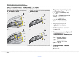 Характеристики автомобиля
1484
A : Регулятор скорости переднего
стеклоочистителя
• / MIST – одиночный мах
• O / OFF – выключен
• --- / INT – прерывистая работа
AUTO* – автоматическое
управление
• 1 / LO– низкая скорость
• 2 / HI – высокая скорость
B : Регулировка периода
прерывистого режима
C : Мойка короткими взмахами
(передний)
D : Управление совместной работой
стеклоочистителя и
стеклоомывателя заднего стекла
• HI/2 – Высокая скорость
стеклоочистителя
• LO/1 – Низкая скорость
стеклоочистителя
• OFF/O – Выкл
E : Мойка короткими взмахами
(задний)
*: при наличии
СТЕКЛООЧИСТИТЕЛИ И СТЕКЛООМЫВАТЕЛИ
ODMECO2019/ODM042252/ODMECO2020/ODM042253
■ Tип А ■ Tип А
■ Tип В ■ Tип В
Стеклоочиститель/стеклоомывате
ль ветрового стекла
Стеклоочиститель/стеклоомывател
ь заднего стекла
vnx.su
 