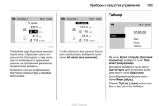 Приборы и средства управления 103
Показания двух бортовых компью‐
теров могут сбрасываться по от‐
дельности, благодаря этому появ‐
ляется возможность сравнения
данных на протяжении различных
промежутков времени.
Выберите нужную информацию
бортового компьютера и подтвер‐
дите выбор.
Чтобы сбросить все данные борто‐
вого компьютера, выберите пункт
меню All values (все значения).
Таймер
Из меню Board Computer (бортовой
компьютер) выберите пункт Stop
Watch (секундомер).
Для пуска выберите пункт меню
Start (старт). Для остановки выбе‐
рите пункт меню Stop (стоп).
Для обнуления выберите пункт
меню Reset (сброс).
В меню Options (опции) можно вы‐
брать вид дисплея таймера:
http://vnx.su/
 