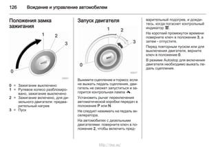 126 Вождение и управление автомобилем
Положения замка
зажигания
0 = Зажигание выключено
1 = Рулевое колесо разблокиро‐
вано, зажигание выключено
2 = Зажигание включено, для ди‐
зельного двигателя: предва‐
рительный нагрев
3 = Пуск
Запуск двигателя
Выжмите сцепление и тормоз; если
не выжать педаль сцепления, дви‐
гатель не сможет запуститься и за‐
горится контрольная лампа -.
Установить рычаг переключения
автоматической коробки передач в
положение P или N.
Не следует нажимать на педаль ак‐
селератора.
На автомобилях с дизельными
двигателями: поверните ключ в по‐
ложение 2, чтобы включить пред‐
варительный подогрев, и дожди‐
тесь, когда погаснет контрольный
индикатор !.
На короткий промежуток времени
поверните ключ в положение 3, а
затем - отпустите.
Перед повторным пуском или для
выключения двигателя, верните
ключ в положение 0.
В режиме Autostop для включения
двигателя необходимо выжать пе‐
даль сцепления.
http://vnx.su/
 