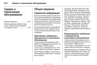 210 Сервис и техническое обслуживание
Сервис и
техническое
обслуживание
Общие сведения ...................... 210
Рекомендуемые рабочие жид‐
кости, смазочные материалы
и запасные части ..................... 212
Общие сведения
Сервисная информация
Для экономной и безопасной эксп‐
луатации автомобиля и поддержа‐
ния его в хорошем состоянии необ‐
ходимо выполнять техническое об‐
служивание автомобиля с установ‐
ленной периодичностью.
В мастерской имеется подробный
обновленный план-график техни‐
ческого обслуживания вашего ав‐
томобиля.
Европейские требования к
периодичности технического
обслуживания
Техническое обслуживание авто‐
мобиля необходимо выполнять че‐
рез каждые 30000 км или
1 раз в год, в зависимости от того,
какое событие возникнет первым.
Европейский график технического
обслуживания действует в следую‐
щих странах:
Андорра, Австрия, Бельгия, Бос‐
ния-Герцеговина, Болгария, Хор‐
ватия, Кипр, Чешская Республика,
Дания, Эстония, Финляндия, Фран‐
ция, Германия, Греция, Гренлан‐
дия, Венгрия, Исландия, Ирлан‐
дия, Италия, Латвия, Литва, Люк‐
сембург, Македония, Мальта, Чер‐
ногория, Нидерланды, Норвегия,
Польша, Португалия, Румыния,
Словакия, Словения, Испания,
Швеция, Швейцария, Великобрита‐
ния.
Международные требования
к периодичности
технического обслуживания
Техническое обслуживание авто‐
мобиля необходимо выполнять че‐
рез каждые 15000 км или
1 раз в год, в зависимости от того,
какое событие возникнет первым.
Международные интервалы обслу‐
живания действуют для стран, ко‐
торые не перечислены для евро‐
пейских интервалов обслужива‐
ния.
http://vnx.su/
 