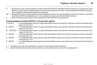 Сиденья, системы защиты 55
IL = Допускается при использовании системы крепления ISOFIX, разработанной специально для данного авто‐
мобиля, ограниченной применяемости или полууниверсального типа. Система крепления ISOFIX должна
быть одобрена для данной модели автомобиля.
IUF = Допускается при использовании устанавливаемого лицом по ходу автомобиля детского кресла с системой
крепления ISOFIX универсального типа, одобренного для данной весовой категории.
X = Для этой весовой категории использование систем ISOFIX не допускается.
Группа размера системы ISOFIX и тип детского кресла
A - ISO/F3 = Устанавливаемое лицом по ходу автомобиля кресло для детей в верхнем сегменте весовой кате‐
гории от 9 до 18 кг.
B - ISO/F2 = Устанавливаемое лицом по ходу автомобиля кресло для детей в нижнем сегменте весовой кате‐
гории от 9 до 18 кг.
B1 - ISO/F2X = Устанавливаемое лицом по ходу автомобиля кресло для детей в нижнем сегменте весовой кате‐
гории от 9 до 18 кг.
C - ISO/R3 = Устанавливаемое лицом против хода автомобиля кресло для детей в верхнем сегменте весовой
категории до 13кг.
D - ISO/R2 = Устанавливаемое лицом против хода автомобиля кресло для детей в нижнем сегменте весовой
категории до 13 кг.
E - ISO/R1 = Устанавливаемое лицом против хода автомобиля кресло для маленьких детей в весовой категории
до 13 кг.
U = Универсально для использования с трехточечным ремнем безопасности.
X = Для этой весовой категории использование систем безопасности детей не разрешается.
http://vnx.su/
 
