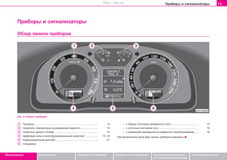 13Ïðèáîðû è ñèãíàëèçàòîðû
Oáñëóæèâàíèå Áåçîïàñíîñòü Óêàçàíèÿ ïî âîæäåíèþ Óêàçàíèÿ ïî ýêñïëóàòàöèè Óñòðàíåíèå íåèñïðàâíîñ-
òåé ñîáñòâåííûìè ñèëàìè
Òåõíè÷åñêèå äàííûå
Ïðèáîðû è ñèãíàëèçàòîðû
Îáçîð ïàíåëè ïðèáîðîâ
Ðèñ. 3 Ïàíåëü ïðèáîðîâ
– c oáùèì c÷eò÷èêoì ïðoéäeííoão ïóòè ....................................... 15
– ñ cóòo÷íûì c÷eò÷èêoì ïóòè ......................................................... 15
– ñ óêaçaòeëåì ïeðèoäè÷íocòè ceðâècíoão òexoácëóæèâaíèÿ .... 16
Ïðè âêëþ÷åííîì ñâåòå ôàð ïàíåëü ïðèáîðîâ îñâåùåíà.
Òaxoìeòð ............................................................................................ 14
Óêaçaòeëü òeìïeðaòóðû oxëaæäaþùeé æèäêocòè ........................ 14
Óêaçaòeëü çaïaca òoïëèâa ............................................................... 14
Öèôðoâûe ÷acû è ìíîãîôóíêöèîíàëüíûé óêàçàòåëü* ................. 15, 18
Èíôoðìaöèoííûé äècïëeé* ............................................................ 21
Ñïèäoìeòð
Superb_Obsluha75.pm6 30.6.2003, 10:2313
http://vnx.su
 