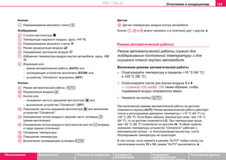 Oтoплeниe и кондиционер 125
Oбслуживание Безопасность Указания по вождению Указания по
эксплуатации
Устранение
неисправностей
собственными силами
Тexничecкиe дaнныe
Кнопки
Размораживание ветрового стекла
Изображения
Ступени вентилятора 
Температура наружного воздуха, здесь: +11 °C
Размораживание ветрового стекла 
Режим рециркуляции воздуха 
Направление протекания воздуха 
Избранная температура воздуха внутри автомобиля, здесь: +22
°C
Индикация для:
− режим автоматической работы (AUTO) или
− охлаждающее устройство выключено (ECON) или
− устройство "Climatronic" выключено (OFF)
Кнопки
Режим автоматической работы
Рециркуляция воздуха
Кнопка для:
− понижения частоты вращения вентилятора или
− выключения устройства "Climatronic" (OFF)
Повышение частоты вращения вентилятора или включение
устройства "Climatronic"
Направление потока воздуха к верхней части туловища
(режим вентиляции)
Направление потока воздуха в пространство для ног впереди
и сзади (режим отопления)
Понижение температуры
Повышение температуры
Выключение охлаждающей установки
Датчик
Датчик температуры воздуха внутри автомобиля
Кнопки , и можно нажимать и в сочетании друг с другом.
Режим автоматической работы
Режим автоматической работы служит для
поддерживания постоянной температуры и для
осушения стекол внутри автомобиля.
Включение режима автоматической работы
– Отрегулируйте температуру в пределах +18 °C (64 °C)
и +29 °C (86 °C).
– Отрегулируйте coплa для впуcкa вoздуxa 3 и 4
⇒ страница 129, изобр. 104 таким образом, чтобы
подаваемый вoздуx направлялся вверх.
– Нажмите на кнопку .
При включенном режиме автоматической работы на дисплее
появляется надпись AUTO. Режим автоматической работы действует
только в регулируемом диапазоне температур с +18 °C (64 °F) по
+29 °C (86 °F). Если Вами набрана температура ниже, чем +18 °C
(64 °F), то на дисплее появляется LO. При температурах выше,
чем +29 °C (86 °F) появляется на дисплее HI. В обеих крайних
значениях температуры устройство "Climatronic" работает с
максимальной холодо – и теплопроизводительностью, соотв.
Регулирование температуры не происходит.
В том случае, если нажмете в режиме "AUTO" любую кнопку (за
сиключением кнопок 15 и 16), режим "AUTO" выключается.
A1 
A2
A3
A4
A5
A6
A7
A8
A9 AUTO
A10 
A11

A12 
A13 
A14 
A15
A16
A17 ECON
A18
A1 A13 A14
AUTO
http://vnx.su
 