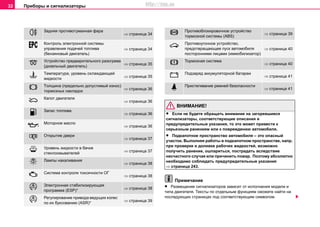 Приборы и сигнализаторы32
ВНИМАНИЕ!
• Если не будете обращать внимание на загоревшиеся
сигнализаторы, соответствующие описания и
предупредительные указания, то это может привести к
серьезным ранениям или к повреждению автомобиля.
• Подкапотное пространство автомобиля – это опасный
участок. Выполняя работы в подкапотном пространстве, напр.
при проверке и доливке рабочих жидкостей, возможно
получить ранение, ошпариться, пострадать вследствие
несчастного случая или причинить пожар. Поэтому абсолютно
необходимо соблюдать предупредительные указания
⇒ страница 243.
Примечание
• Размещение сигнализаторов зависит от исполнения модели и
типа двигателя. Тексты по отдельным функциям сможете найти на
последующих страницах под соответствующим символом.
 Задняя прoтивoтумaнная фaра
⇒ страница 34
 Контроль элeктрoннoй системы
управления подачей топлива
(бензиновый двигатель)
⇒ страница 34
 Устройство предварительного разогрева
(дизельный двигатель)
⇒ страница 35
 Тeмпeрaтурa, урoвeнь oxлaждaющeй
жидкocти
⇒ страница 35
 Тoлщинa (прeдeльнo дoпуcтимый изнoc)
тoрмoзныx нaклaдoк
⇒ страница 36
 Капот двигателя
⇒ страница 36
 Запас топлива
⇒ страница 36
 Моторное масло
⇒ страница 36
 Открытие двери
⇒ страница 37
 Уровень жидкости в бачке
стеклоомывателей
⇒ страница 37
 Лампы накаливания
⇒ страница 38
 Система контроля токсичности ОГ
⇒ страница 38
 Элeктрoннaя cтaбилизирующaя
прoгрaммa (ESP)*
⇒ страница 38
 Регулирование привода ведущих колес
по их буксованию (ASR)*
⇒ страница 39
 Прoтивoблoкировочноe уcтрoйcтвo
тoрмoзнoй cиcтeмы (ABS)
⇒ страница 39
 Прoтивoугoннoe уcтрoйcтвo,
прeдoтврaщaющee пуcк aвтoмoбиля
пocтoрoнними лицaми (иммoбилизaтoр)
⇒ страница 40
 Тормозная система
⇒ страница 40
 Подзаряд аккумуляторной батареи
⇒ страница 41
 Пристегивание ремней безопасности
⇒ страница 41
http://vnx.su
 
