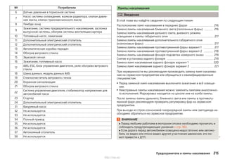 № Потребители
6 Датчик давления в тормозной системе
7
Насос системы охлаждения, жалюзи радиатора, клапан давле-
ния масла, клапан трансмиссионного масла
8 Лямбда-зонд
9
Зажигание, система предварительного накаливания, заслонка
выпускной системы, обогрев системы вентиляции картера
10 Топливный насос, зажигание
11 Дополнительный электрический отопитель
12 Дополнительный электрический отопитель
13 Автоматическая коробка передач
14 Обогрев ветрового стекла
15 Звуковой сигнал
16 Зажигание, топливный насос
17
ABS, ESC, блок управления двигателя, реле обогрева ветрового
стекла
18 Шина данных, модуль данных АКБ
19 Стеклоочиститель ветрового стекла
20 Охранная сигнализация
21 Обогрев ветрового стекла
22
Система управления двигателя, стабилизатор напряжения для
автомобилей такси
23 Стартер
24 Дополнительный электрический отопитель
31 Вакуумный насос
32 Не используется
33 Не используется
34 Полный привод
35 Не используется
36 Не используется
37 Автономный отопитель
38 Не используется
Лампы накаливания
 Введение
В этой главе вы найдёте сведения по следующим темам:
Расположение ламп накаливания в передних фарах 216
Замена лампы накаливания ближнего света (галогенные фары) 216
Замена лампы накаливания дальнего света, дневного режима
освещения и лампы габаритного огня 217
Замена лампы накаливания дополнительного габаритного огня
(ксеноновые фары) 217
Замена лампы накаливания противотуманной фары: вариант 1 217
Замена лампы накаливания противотуманной фары: вариант 2 218
Замена лампы накаливания фонаря подсветки номерного знака 219
Снятие и установка заднего фонаря 219
Замена ламп накаливания заднего фонаря: вариант 1 220
Замена ламп накаливания заднего фонаря: вариант 2 221
При неуверенности мы рекомендуем производить замену ламп накалива-
ния на сервисном предприятии или обращаться к квалифицированным
специалистам.
▶ Перед заменой ламп накаливания выключите зажигание и всё освеще-
ние.
▶ Неисправные лампы накаливания можно заменять лампами аналогично-
го исполнения. Маркировка находится на цоколе или на колбе лампы.
После замены лампы дальнего, ближнего света или лампы в противоту-
манной фаре рекомендуем проверить регулировку фар на сервисном
предприятии.
При выходе из строя ксеноновой газоразрядной лампы или светодиода не-
обходимо обратиться на сервисное предприятие.
ВНИМАНИЕ
■ Перед любыми работами в моторном отсеке необходимо прочитать и
соблюдать предупреждающие указания » стр. 183.
■ Если дорога перед автомобилем освещена недостаточно или автомо-
биль не виден или плохо виден другим участникам движения, это мо-
жет привести к ДТП. 
215Предохранители и лампы накаливания
http://vnx.su/
 