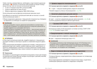 Чтобы очистить сажевый фильтр, необходимо, когда позволит дорожная
обстановка » , проехать в описанном ниже режиме не менее 15 минут
или до тех пор, пока не погаснет контрольная лампа .
4. или 5-я передача (при АКП: положение D/S).
Скорость движения не ниже 70 км/ч.
Обороты двигателя в пределах 1800–2500 об/мин.
После успешной очистки фильтра контрольная лампа  гаснет.
Если фильтр не очистится, контрольная лампа  не погаснет, и начнёт
мигать контрольная лампа .
▶ Можно продолжить движение с повышенной осторожностью. Немедлен-
но обратитесь за помощью на сервисное предприятие.
ВНИМАНИЕ
■ Всегда выбирайте скорость движения автомобиля в соответствии с
погодными условиями, состоянием дорожного покрытия, дорожной си-
туацией, видимостью и рельефом местности.
■ Сажевый фильтр нагревается очень сильно — при контакте можно по-
лучить серьёзные травмы и существует опасность пожара. Поэтому ни-
когда не ставьте автомобиль в таких местах, где узлы под его днищем
могут соприкасаться с легковоспламеняющимися материалами (напри-
мер, с сухой травой, мелким кустарником, листвой, пролитым топливом).
ОСТОРОЖНО
■ Пока горит контрольная лампа , придётся мириться с повышенным
расходом топлива и в некоторых случаях со снижением мощности двига-
теля.
■ При эксплуатации автомобиля на дизельном топливе с повышенным со-
держанием серы срок службы сажевого фильтра может существенно со-
кратиться. Информацию о регионах, в которых дизельное топливо имеет
повышенное содержание серы, можно получить на сервисном предприя-
тии ŠKODA.
Примечание
Автомобиль не рекомендуется всё время использовать только для поездок
на короткие расстояния. Долгие поездки способствуют сжиганию накопив-
шейся сажи в сажевом фильтре.



 Уровень жидкости стеклоомывателя
Сначала прочтите и примите к сведению на стр 33.
  горит — слишком низкий уровень жидкости омывателя.
▶ Залейте жидкость в бачок стеклоомывателя » стр. 185.
 Ассистент управления дальним светом
Сначала прочтите и примите к сведению на стр 33.
 горит — ассистент управления дальним светом включён » стр. 68, Ас-
систент управления дальним светом (Light Assist).
  Система СТАРТ-СТОП
Сначала прочтите и примите к сведению на стр 33.
Контрольные лампы   показывают состояние системы СТАРТ-СТОП
» стр. 116, Система старт-стоп.
Предупреждение о низкой температуре
Сначала прочтите и примите к сведению на стр 33.
 горит — наружная температура ниже +4 °C.
ВНИМАНИЕ
Гололедица возможна и при температурах выше +4 °C! Поэтому не по-
лагайтесь лишь на информацию указателя наружной температуры.
Помните: то, что прибор не показывает низкую наружную температуру,
не означает, что на дороге нет гололедицы.
Вода в топливном фильтре (дизельный двигатель)
Сначала прочтите и примите к сведению на стр 33.
Топливный фильтр с водоотделителем отфильтровывает из топлива воду
и загрязнения.
Если в водоотделителе скапливается слишком много воды, на дисплее в
комбинации приборов появляется следующее сообщение. 





40 Управление
http://vnx.su/
 