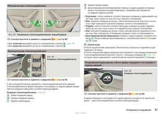 Механические стеклоподъёмники
Илл. 38 Управление стеклоподъёмниками: левый/правый
Сначала прочтите и примите к сведению и на стр 60.
›Для открытия вращайте ручку по направлению стрелки A » илл. 38.
›Для закрытия вращайте ручку по направлению стрелки B .
Электрические стеклоподъёмники
Илл. 39
Клавиши стеклоподъёмников
Сначала прочтите и примите к сведению и на стр 60.
С места водителя можно управлять стеклоподъёмниками всех дверей.
Стеклоподъёмники в двери переднего пассажира и в задних дверях управ-
ляются каждый клавишей в соответствующей двери.
Клавиши стеклоподъёмников » илл. 39
Левая передняя дверь
Правая передняя дверь
Задняя левая дверь


A
B
C
Задняя правая дверь
Деактивирование/активирование клавиш в задних дверях (клавиши
может потребоваться деактивировать, например при перевозке
на заднем сиденье детей).
›Опускание: слегка нажмите соответствующую клавишу и удерживайте до
тех пор, пока стекло не опустится до нужного положения.
›Или: нажмите клавишу до упора, стекло автоматически опустится полно-
стью. При повторном нажатии клавиши стекло останавливается.
›Подъём: слегка потяните соответствующую клавишу за край и удержи-
вайте до тех пор, пока стекло не поднимется до нужного положения.
›Или: потяните клавишу до упора, стекло автоматически поднимется пол-
ностью. При повторном оттягивании клавиши стекло останавливается.
›Деактивирование/активирование клавиш в задних дверях: нажмите кла-
вишу E . Когда клавиши деактивированы, контрольная лампа  в клави-
ше E горит.
Примечание
■ После выключения зажигания стёкла можно опускать и поднимать ещё
примерно 10 минут.
■ После открывания двери водителя или переднего пассажира управление
стеклоподъёмниками возможно только с помощью клавиши A » илл. 39,
которую нужно удерживать нажатой или вытянутой примерно 2 секунды.
Открывание/закрывание стёкол двери переднего пассажира и
задних дверей
Илл. 40
Клавиша стеклоподъёмника
Сначала прочтите и примите к сведению и на стр 60.
В двери переднего пассажира и в задних дверях находится по одной кла-
више — для стеклоподъёмника соответствующей двери. 
D
E

61Отпирание и открывание
http://vnx.su/
 