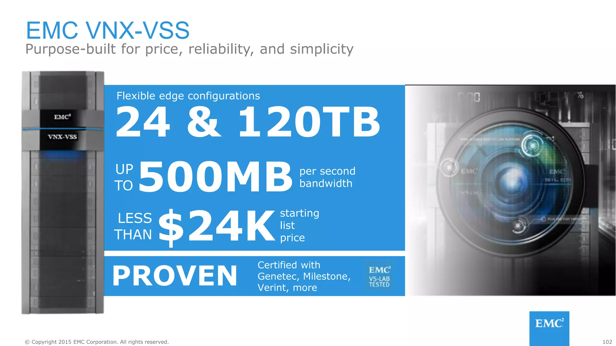 102© Copyright 2015 EMC Corporation. All rights reserved.
EMC VNX-VSS
Purpose-built for price, reliability, and simplicity
$24KLESS
THAN
starting
list
price
500MBUP
TO
per second
bandwidth
24 & 120TB
Flexible edge configurations
PROVEN
Certified with
Genetec, Milestone,
Verint, more
 