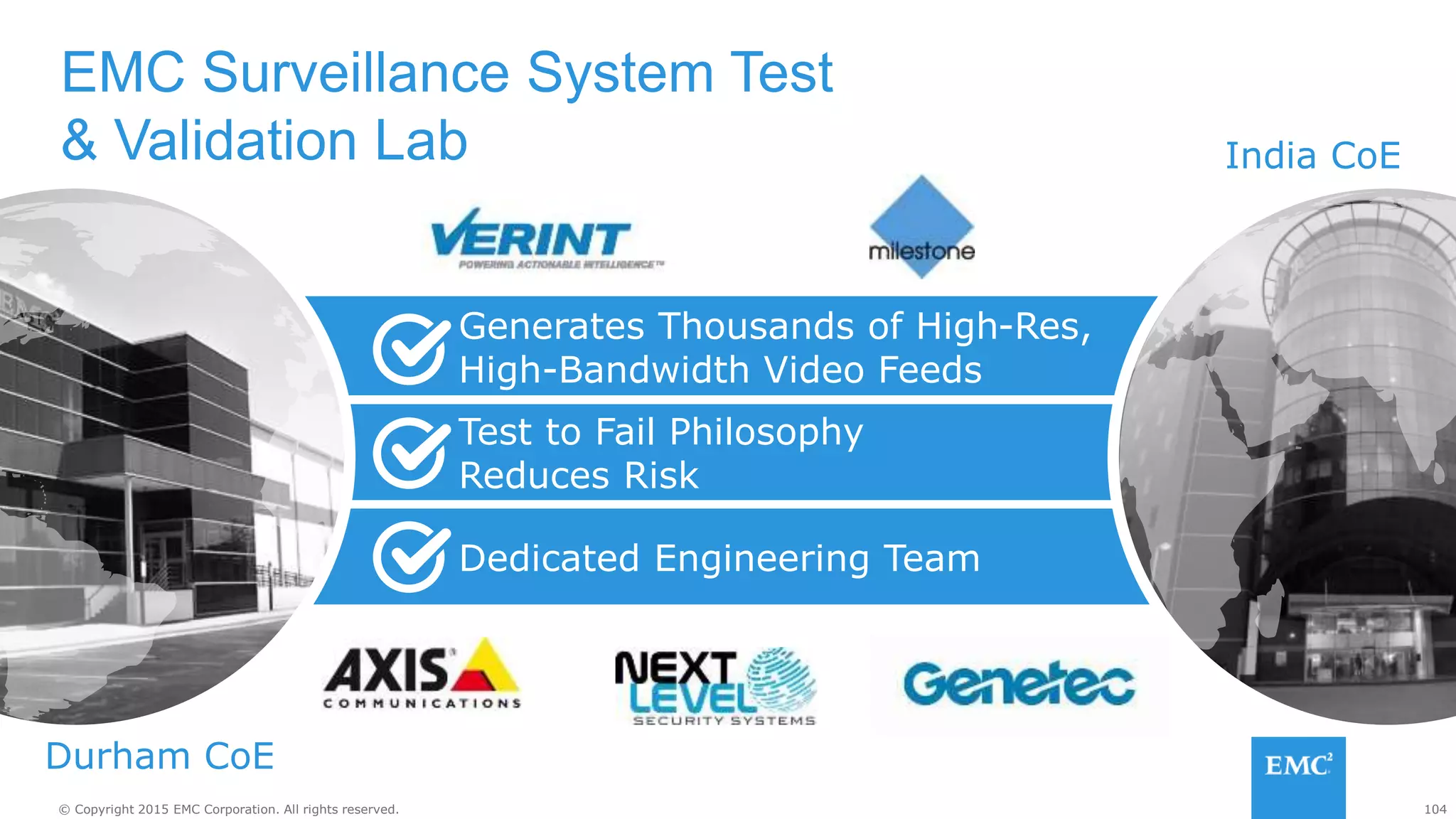 104© Copyright 2015 EMC Corporation. All rights reserved.
EMC Surveillance System Test
& Validation Lab
Generates Thousands of High-Res,
High-Bandwidth Video Feeds
Test to Fail Philosophy
Reduces Risk
Dedicated Engineering Team
Durham CoE
India CoE
 