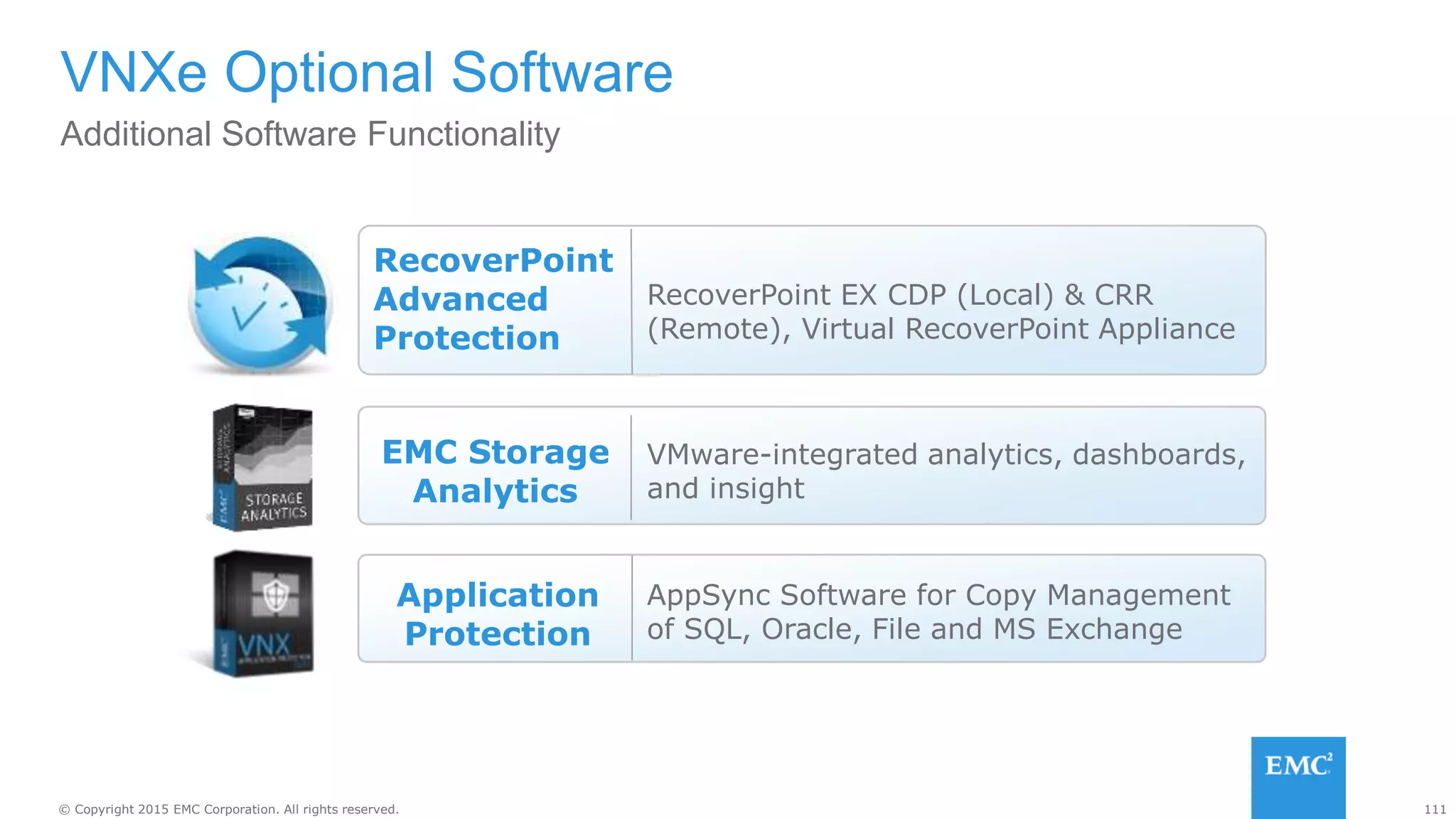 111© Copyright 2015 EMC Corporation. All rights reserved.
Additional Software Functionality
VNXe Optional Software
EMC Storage
Analytics
VMware-integrated analytics, dashboards,
and insight
RecoverPoint
Advanced
Protection
RecoverPoint EX CDP (Local) & CRR
(Remote), Virtual RecoverPoint Appliance
Application
Protection
AppSync Software for Copy Management
of SQL, Oracle, File and MS Exchange
 