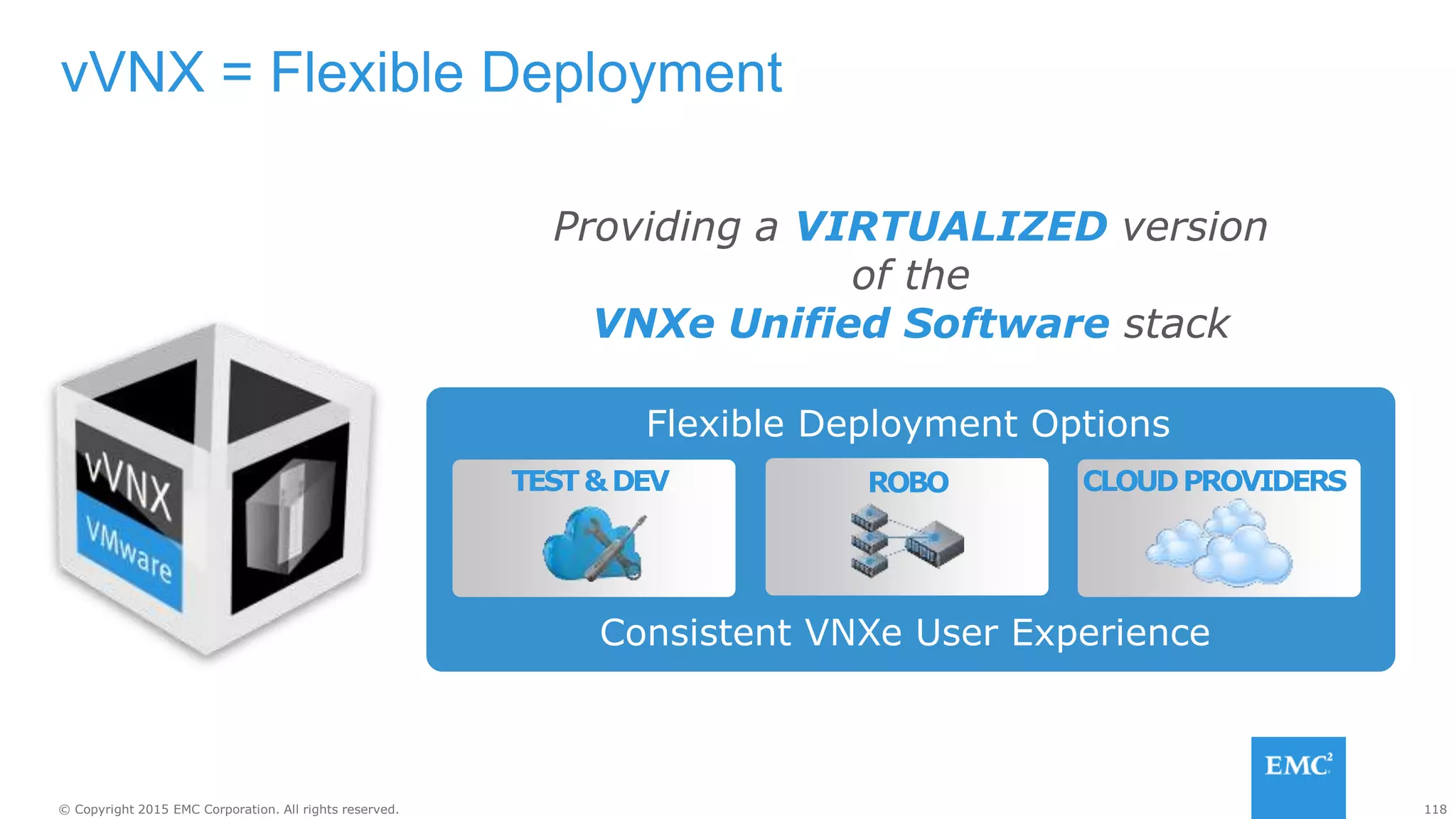 118© Copyright 2015 EMC Corporation. All rights reserved.
vVNX = Flexible Deployment
Providing a VIRTUALIZED version
of the
VNXe Unified Software stack
ROBOTEST&DEV. CLOUDPROVIDERS
Flexible Deployment Options
Consistent VNXe User Experience
 