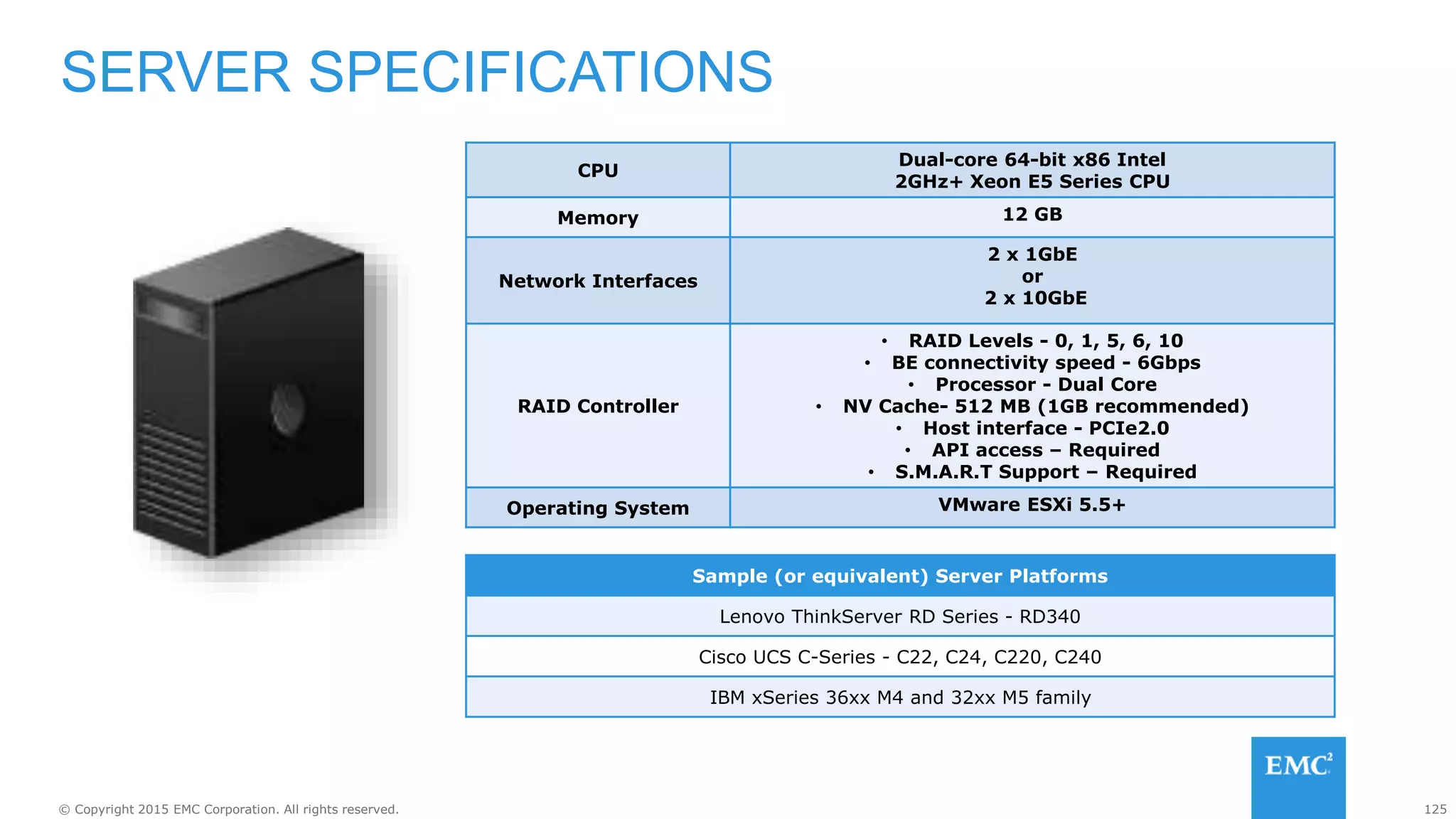 125© Copyright 2015 EMC Corporation. All rights reserved.
CPU
Dual-core 64-bit x86 Intel
2GHz+ Xeon E5 Series CPU
Memory 12 GB
Network Interfaces
2 x 1GbE
or
2 x 10GbE
RAID Controller
• RAID Levels - 0, 1, 5, 6, 10
• BE connectivity speed - 6Gbps
• Processor - Dual Core
• NV Cache- 512 MB (1GB recommended)
• Host interface - PCIe2.0
• API access – Required
• S.M.A.R.T Support – Required
Operating System VMware ESXi 5.5+
SERVER SPECIFICATIONS
Sample (or equivalent) Server Platforms
Lenovo ThinkServer RD Series - RD340
Cisco UCS C-Series - C22, C24, C220, C240
IBM xSeries 36xx M4 and 32xx M5 family
 