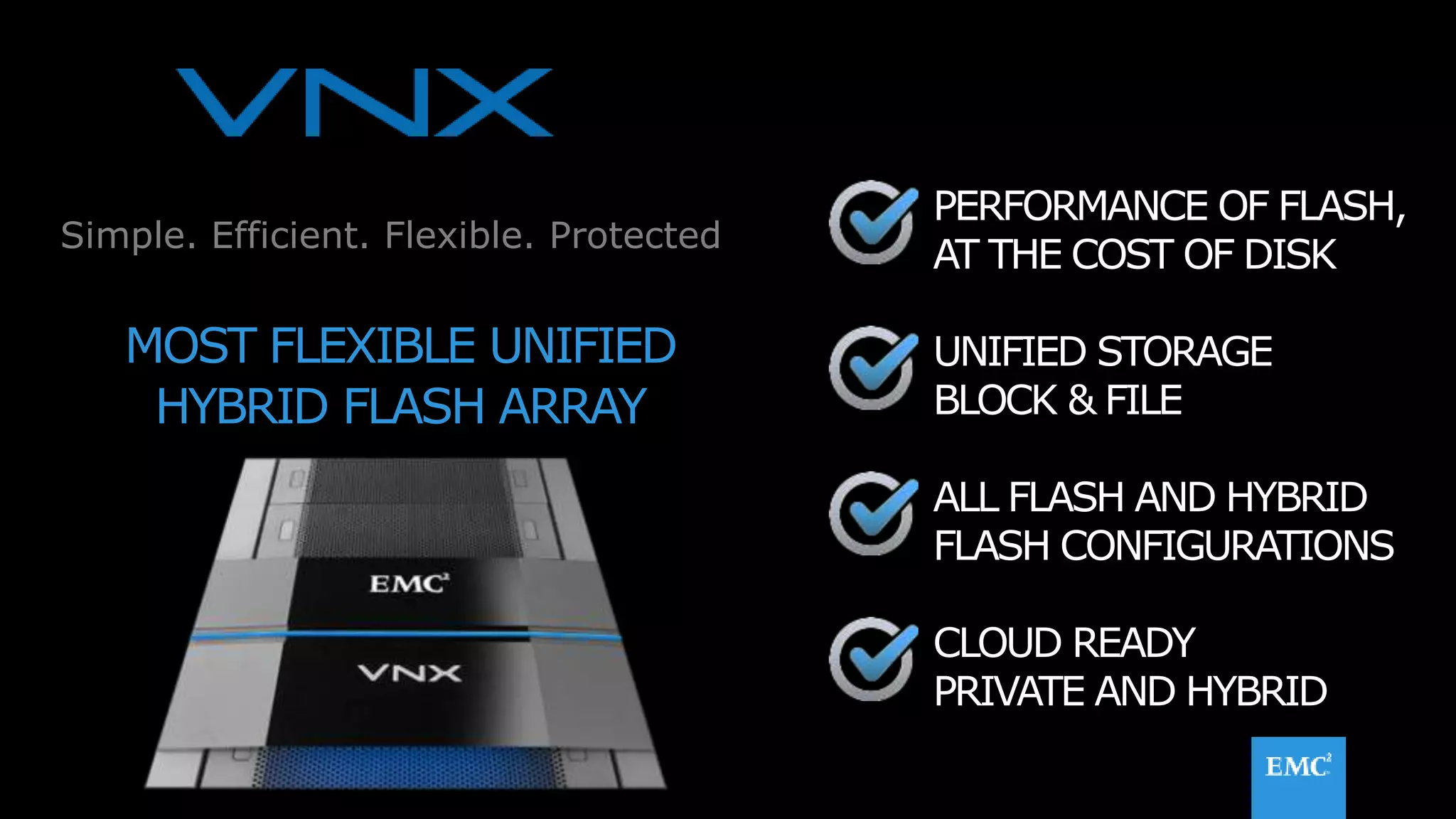 37© Copyright 2015 EMC Corporation. All rights reserved.
PERFORMANCE OF FLASH,
AT THE COST OF DISK
UNIFIED STORAGE
BLOCK & FILE
ALL FLASH AND HYBRID
FLASH CONFIGURATIONS
CLOUD READY
PRIVATE AND HYBRID
MOST FLEXIBLE UNIFIED
HYBRID FLASH ARRAY
Simple. Efficient. Flexible. Protected
 