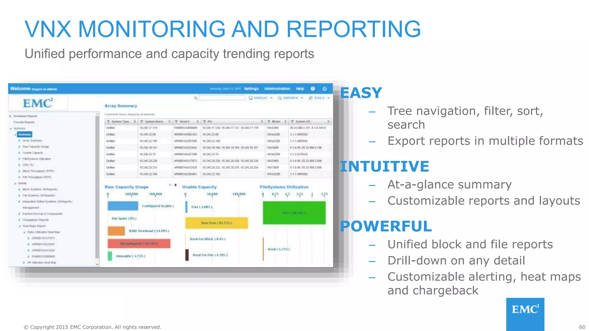 60© Copyright 2015 EMC Corporation. All rights reserved.
EASY
– Tree navigation, filter, sort,
search
– Export reports in multiple formats
INTUITIVE
– At-a-glance summary
– Customizable reports and layouts
POWERFUL
– Unified block and file reports
– Drill-down on any detail
– Customizable alerting, heat maps
and chargeback
VNX MONITORING AND REPORTING
Unified performance and capacity trending reports
 