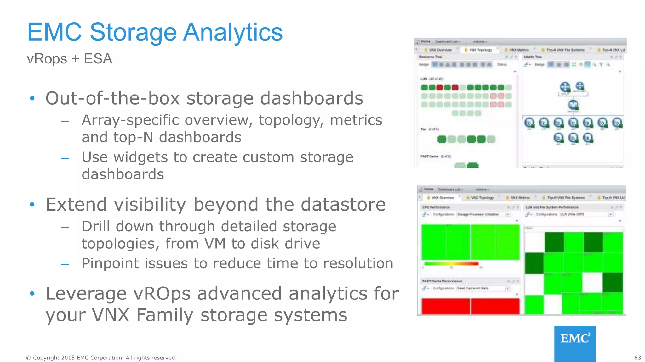 63© Copyright 2015 EMC Corporation. All rights reserved.
• Out-of-the-box storage dashboards
– Array-specific overview, topology, metrics
and top-N dashboards
– Use widgets to create custom storage
dashboards
• Extend visibility beyond the datastore
– Drill down through detailed storage
topologies, from VM to disk drive
– Pinpoint issues to reduce time to resolution
• Leverage vROps advanced analytics for
your VNX Family storage systems
EMC Storage Analytics
vRops + ESA
 