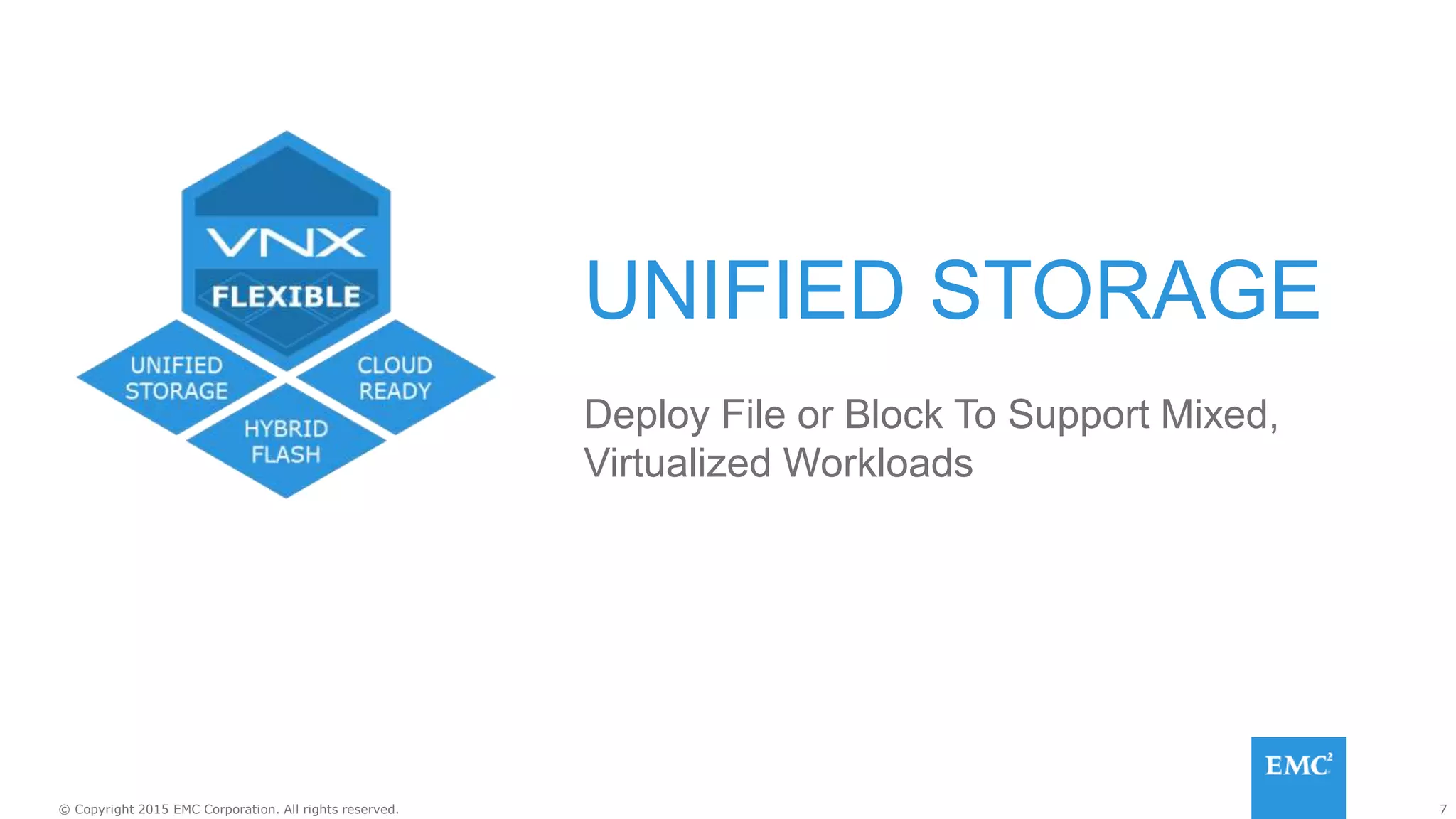 7© Copyright 2015 EMC Corporation. All rights reserved.
UNIFIED STORAGE
Deploy File or Block To Support Mixed,
Virtualized Workloads
 