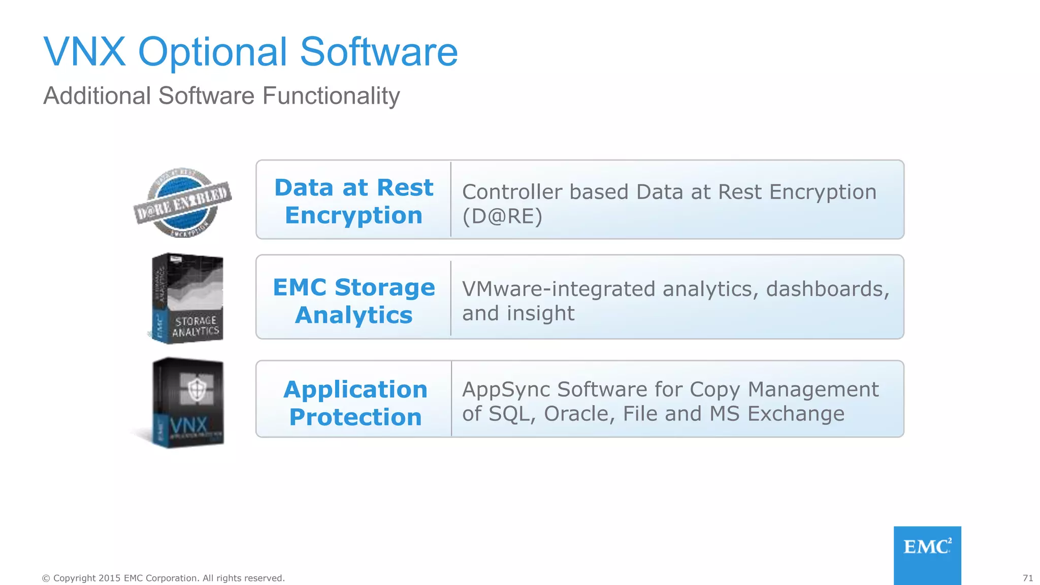 71© Copyright 2015 EMC Corporation. All rights reserved.
Additional Software Functionality
VNX Optional Software
EMC Storage
Analytics
VMware-integrated analytics, dashboards,
and insight
Data at Rest
Encryption
Controller based Data at Rest Encryption
(D@RE)
Application
Protection
AppSync Software for Copy Management
of SQL, Oracle, File and MS Exchange
 