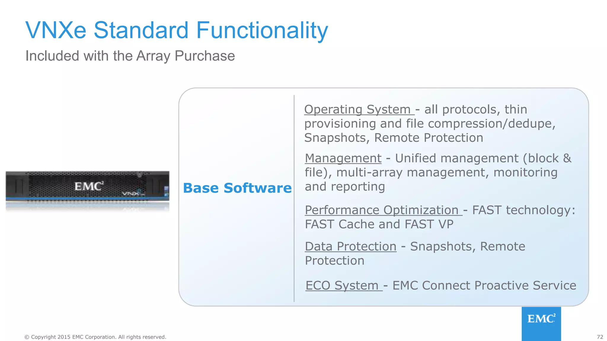 72© Copyright 2015 EMC Corporation. All rights reserved.
Included with the Array Purchase
VNXe Standard Functionality
Base Software
Operating System - all protocols, thin
provisioning and file compression/dedupe,
Snapshots, Remote Protection
Management - Unified management (block &
file), multi-array management, monitoring
and reporting
Data Protection - Snapshots, Remote
Protection
Performance Optimization - FAST technology:
FAST Cache and FAST VP
ECO System - EMC Connect Proactive Service
 