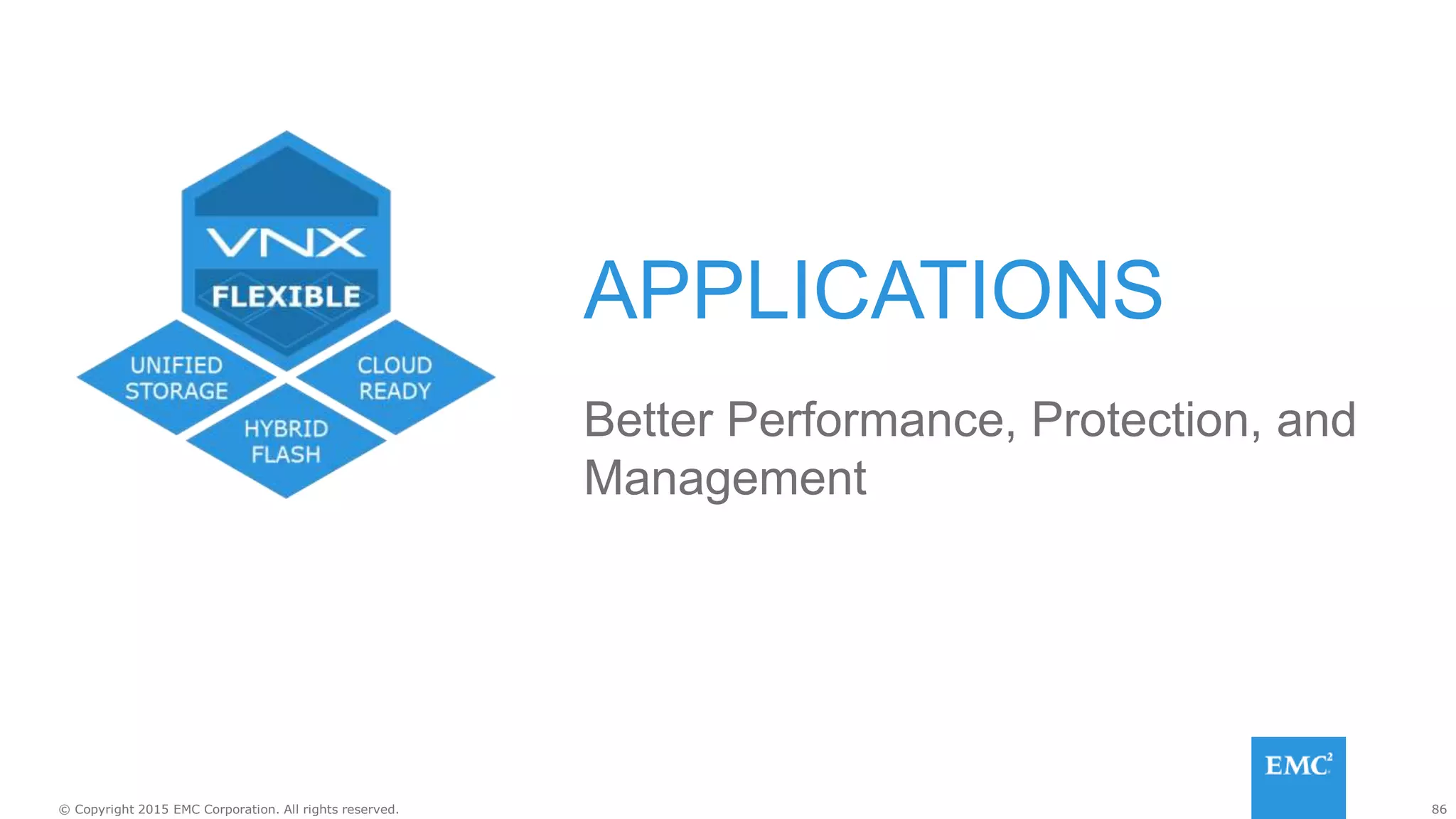 86© Copyright 2015 EMC Corporation. All rights reserved.
APPLICATIONS
Better Performance, Protection, and
Management
 