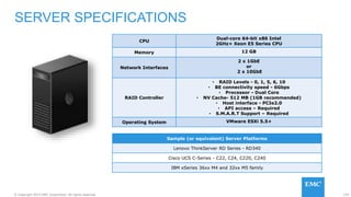 125© Copyright 2015 EMC Corporation. All rights reserved.
CPU
Dual-core 64-bit x86 Intel
2GHz+ Xeon E5 Series CPU
Memory 12 GB
Network Interfaces
2 x 1GbE
or
2 x 10GbE
RAID Controller
• RAID Levels - 0, 1, 5, 6, 10
• BE connectivity speed - 6Gbps
• Processor - Dual Core
• NV Cache- 512 MB (1GB recommended)
• Host interface - PCIe2.0
• API access – Required
• S.M.A.R.T Support – Required
Operating System VMware ESXi 5.5+
SERVER SPECIFICATIONS
Sample (or equivalent) Server Platforms
Lenovo ThinkServer RD Series - RD340
Cisco UCS C-Series - C22, C24, C220, C240
IBM xSeries 36xx M4 and 32xx M5 family
 