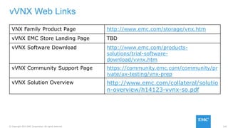 126© Copyright 2015 EMC Corporation. All rights reserved.
VNX Family Product Page http://www.emc.com/storage/vnx.htm
vVNX EMC Store Landing Page TBD
vVNX Software Download http://www.emc.com/products-
solutions/trial-software-
download/vvnx.htm
vVNX Community Support Page https://community.emc.com/community/pr
ivate/ux-testing/vnx-prep
vVNX Solution Overview http://www.emc.com/collateral/solutio
n-overview/h14123-vvnx-so.pdf
vVNX Web Links
 